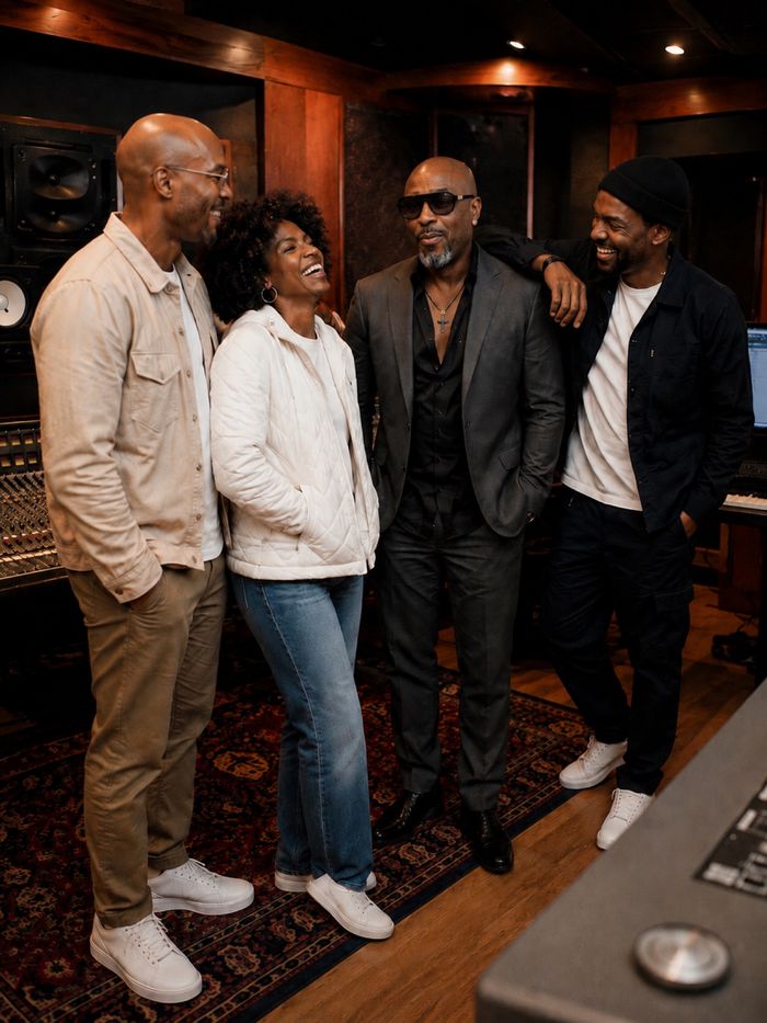 Luner Eugene laughing with Malik, Kemi and Sham in the studio
